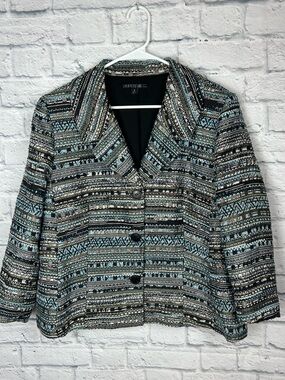 Lafayette 148 New York Size 16 Blue Black Textured Jacquard Blazer Jacket